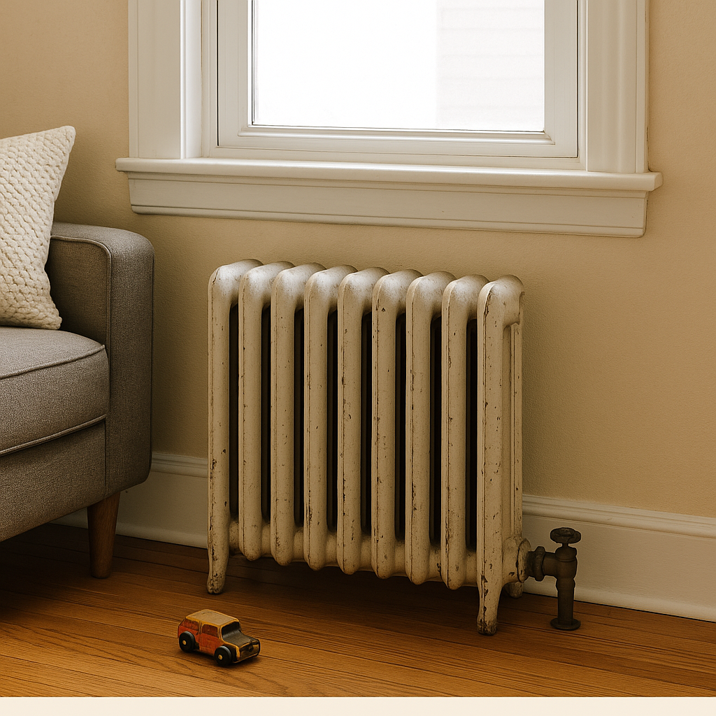 Old cast iron radiator with chipped white paint beneath a window in a cozy living room corner, with a vintage toy car on the hardwood floor nearby