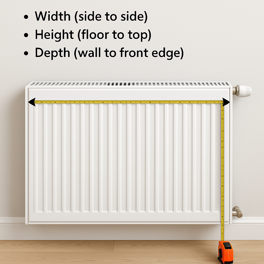 Measuring the width and height of a white radiator with a tape measure against a light-colored wall and wood floor