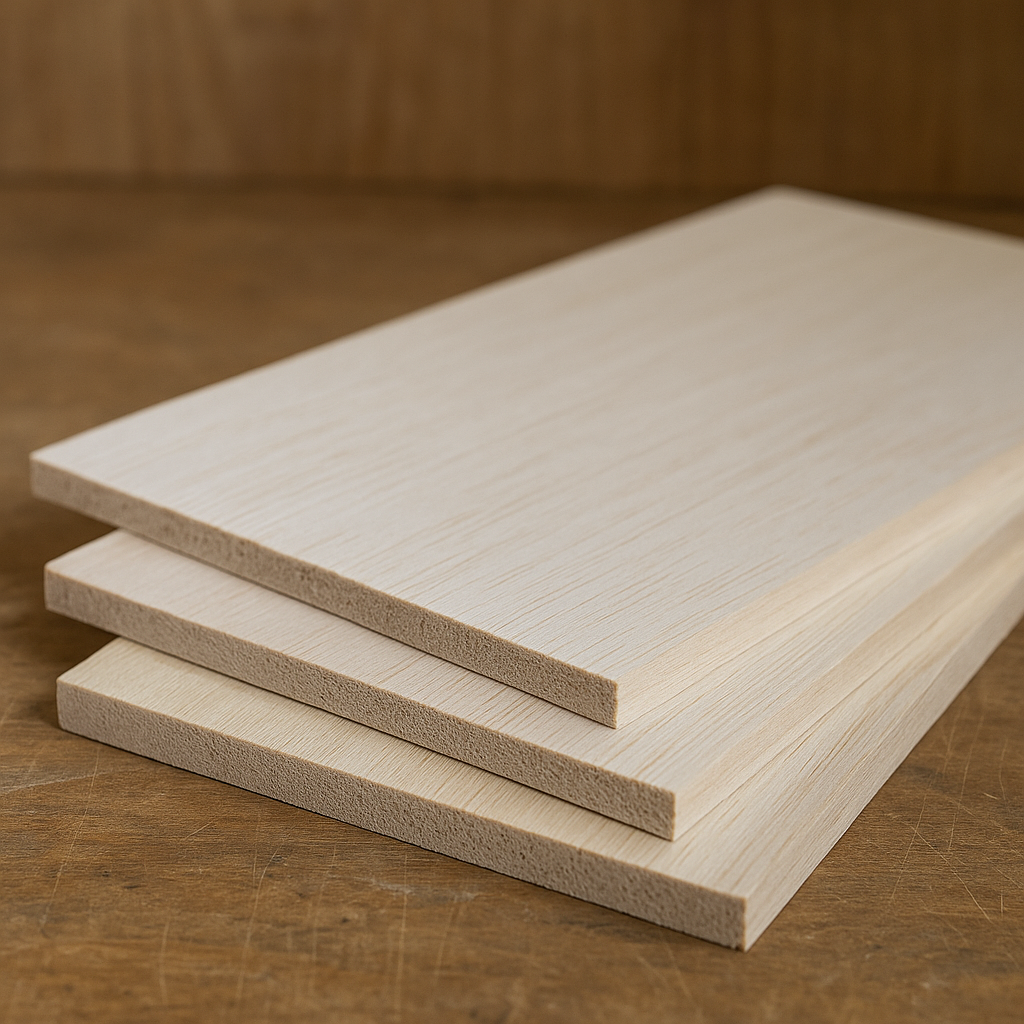 Four stacked sheets of balsa wood on a rustic workbench, showing clean edges and a smooth, pale grain against a warm wooden background.