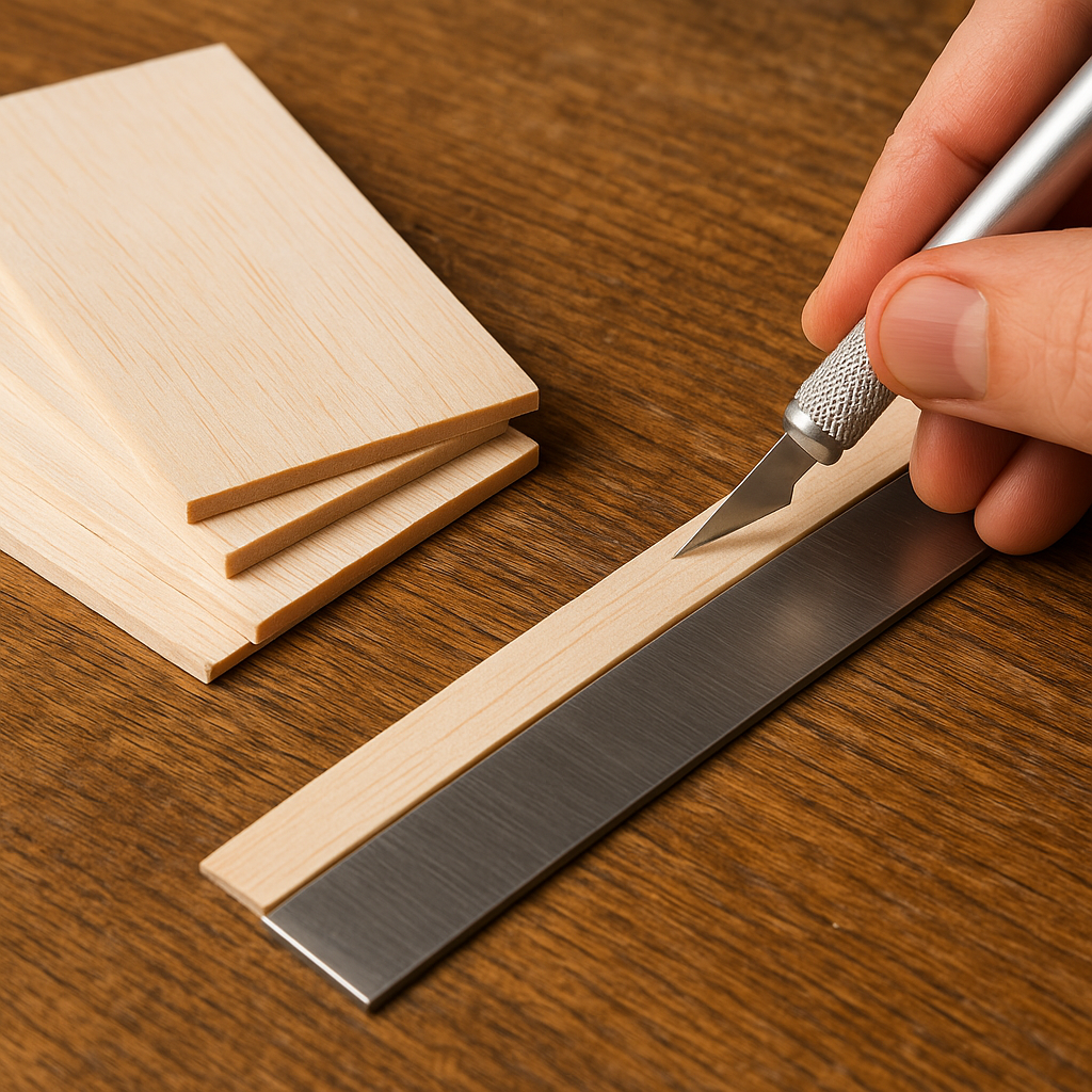 Hand using a hobby knife and metal straightedge to precisely cut a thin strip of balsa wood on a wooden work surface, with stacked balsa sheets nearby