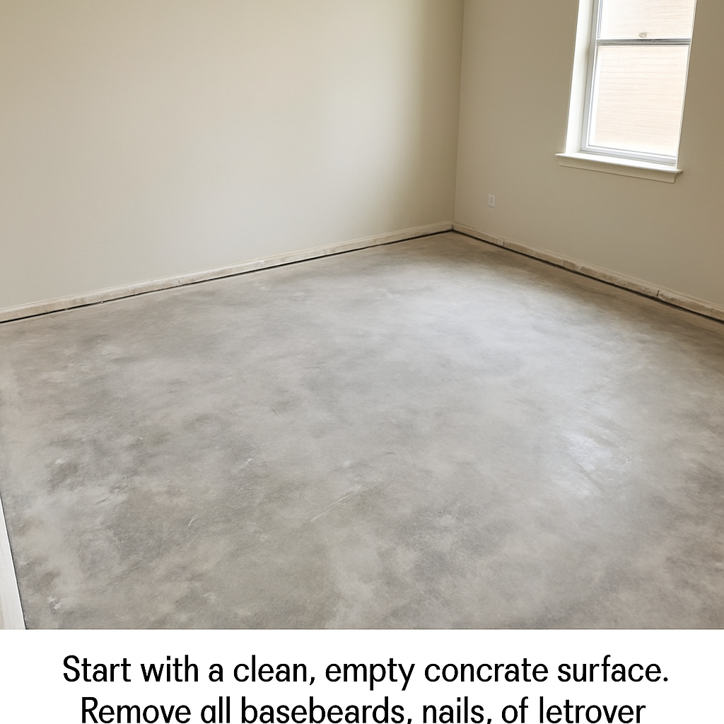 Empty room with exposed concrete floor prepared for subfloor