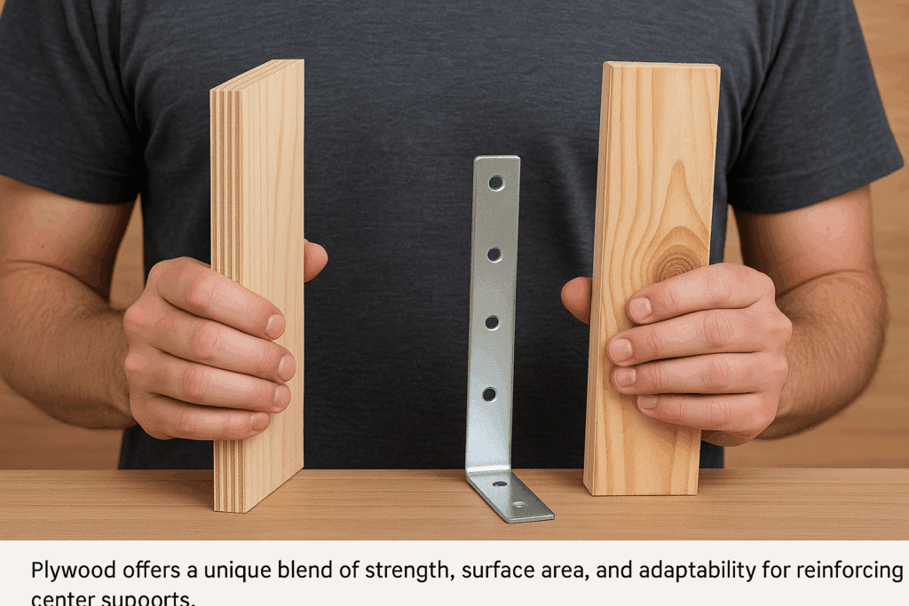 DIYer comparing plywood, metal bracket, and 2x4 bracing