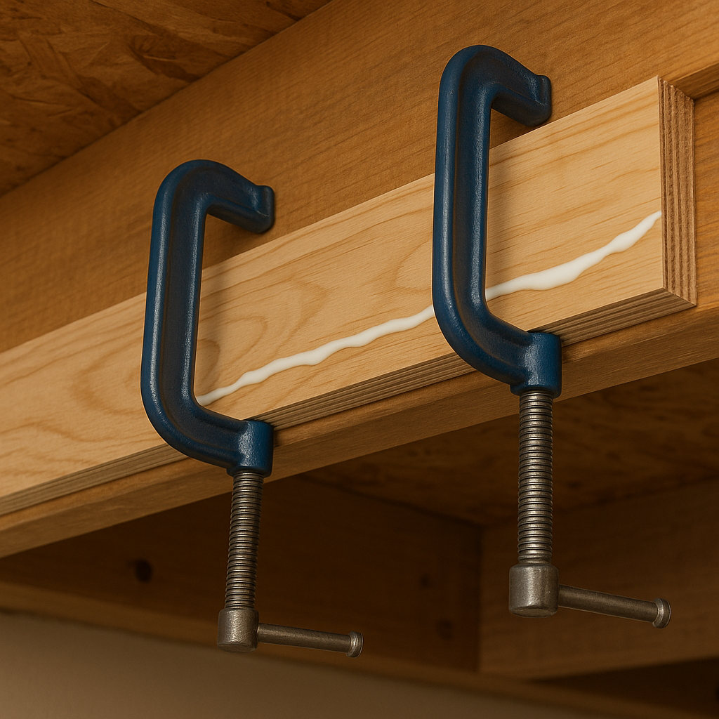 Plywood brace clamped to wooden joist with glue visible