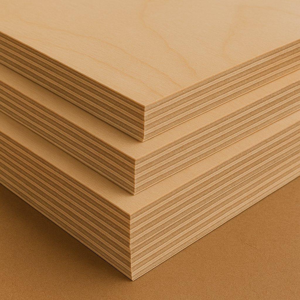 Stacked sheets of cabinet-grade plywood showing layered core
