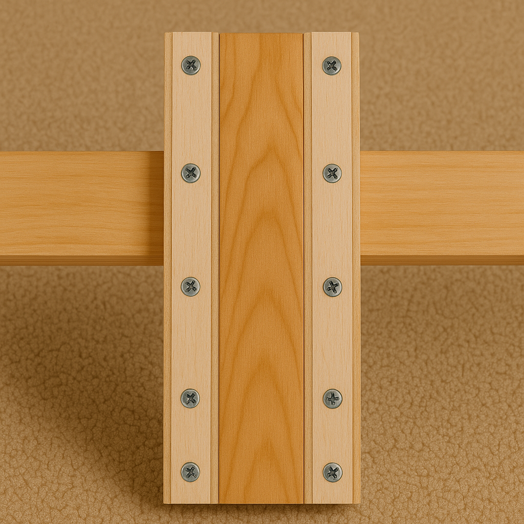 Reinforced bed slat with plywood on both sides, screws visible
