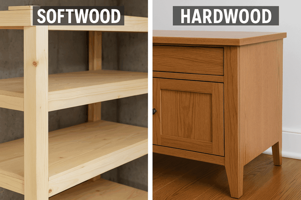 Side-by-side view of softwood pine and hardwood oak boards on a workbench, highlighting grain and color differences.