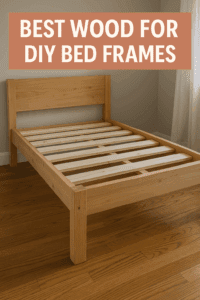 Natural wood DIY bed frame with slatted base and hardwood legs on a clean bedroom floor