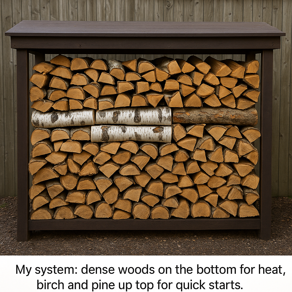 Covered outdoor firewood rack with oak, pine, and birch neatly sorted and stacked by type