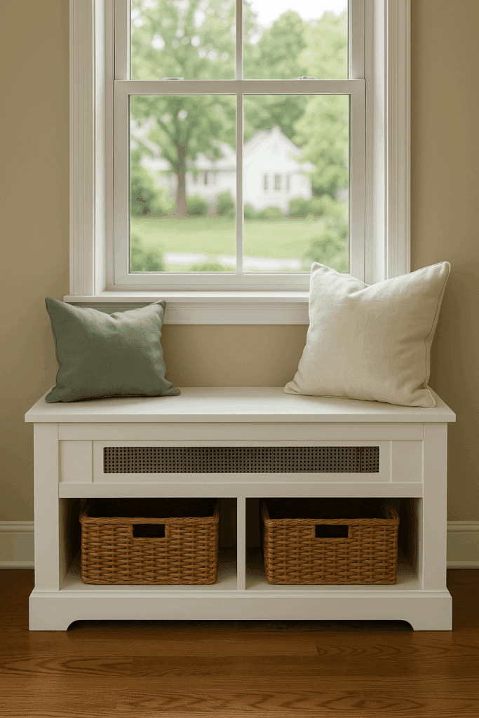Radiator cover under a window with built-in bench seating and cushions