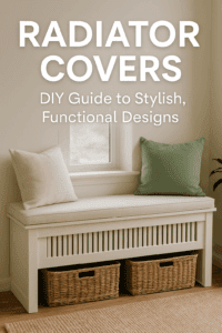 Radiator cover window bench with slatted front, white cushions, and storage baskets, styled as a DIY furniture piece.