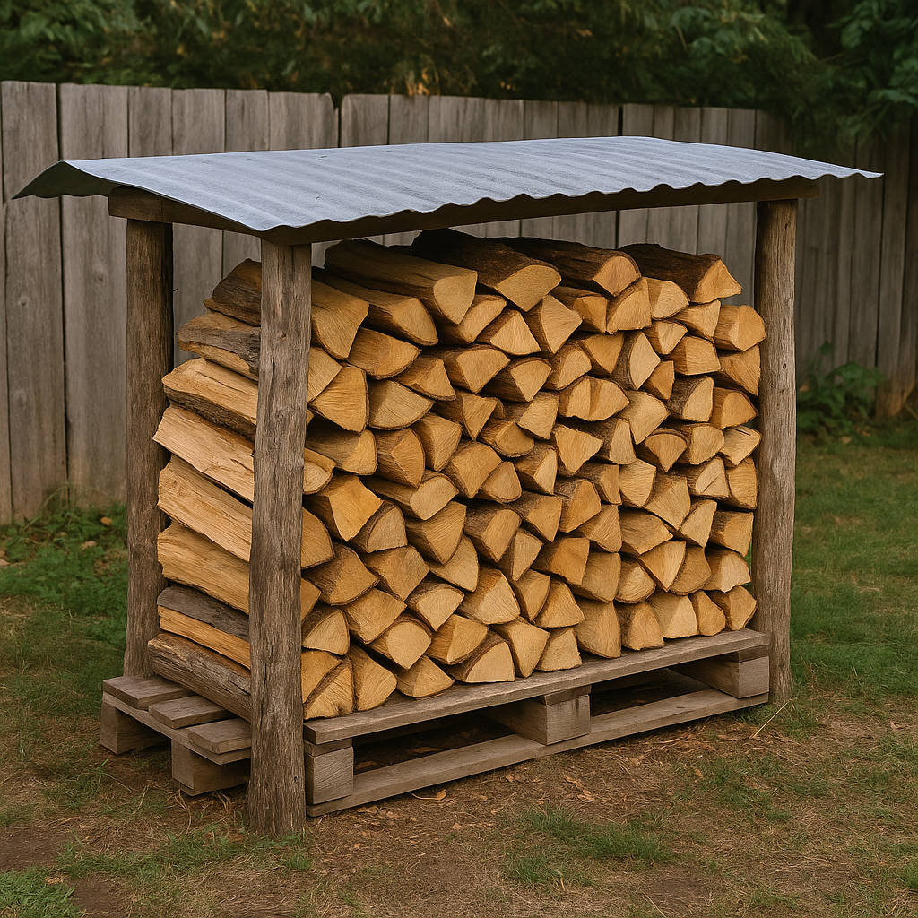 Firewood stacked under a makeshift tin roof with pallets beneath