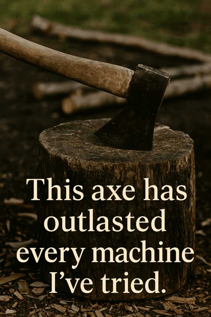 Weathered axe stuck in a stump with wood chips scattered