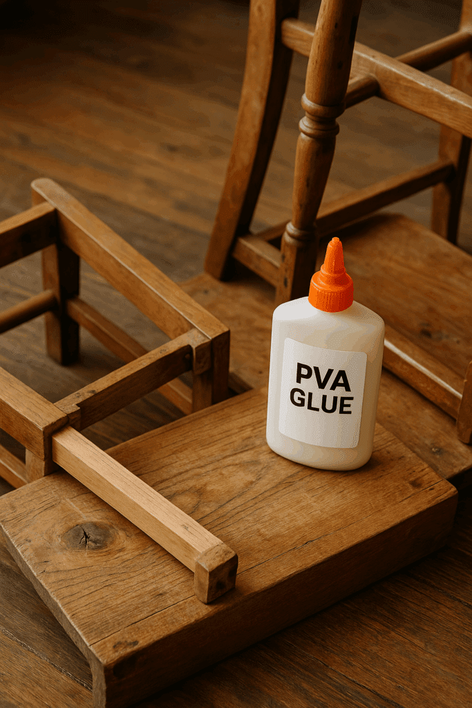 PVA glue next to a disassembled wooden chair being repaired