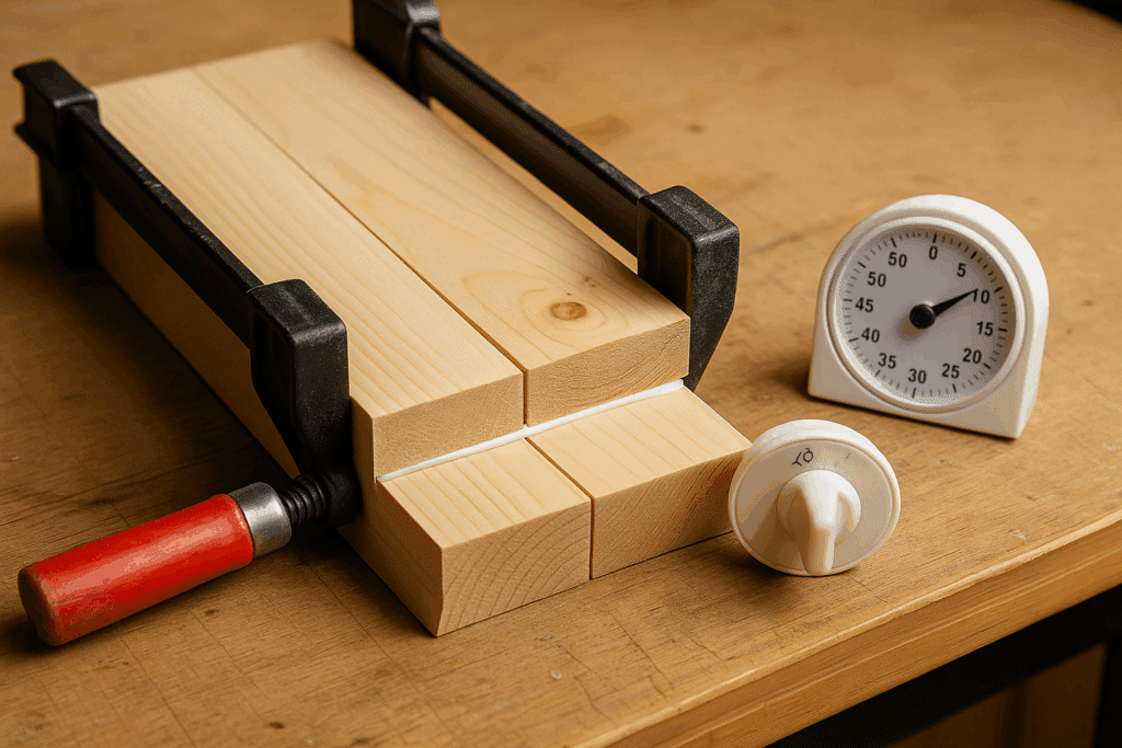 Clamped glued wood with a timer next to it