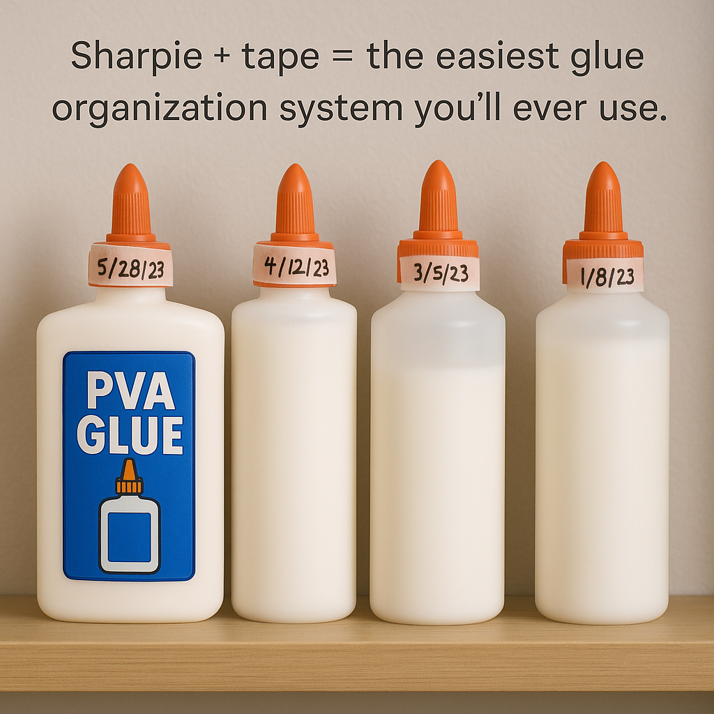 Various PVA glue bottles stored upright with labeled caps