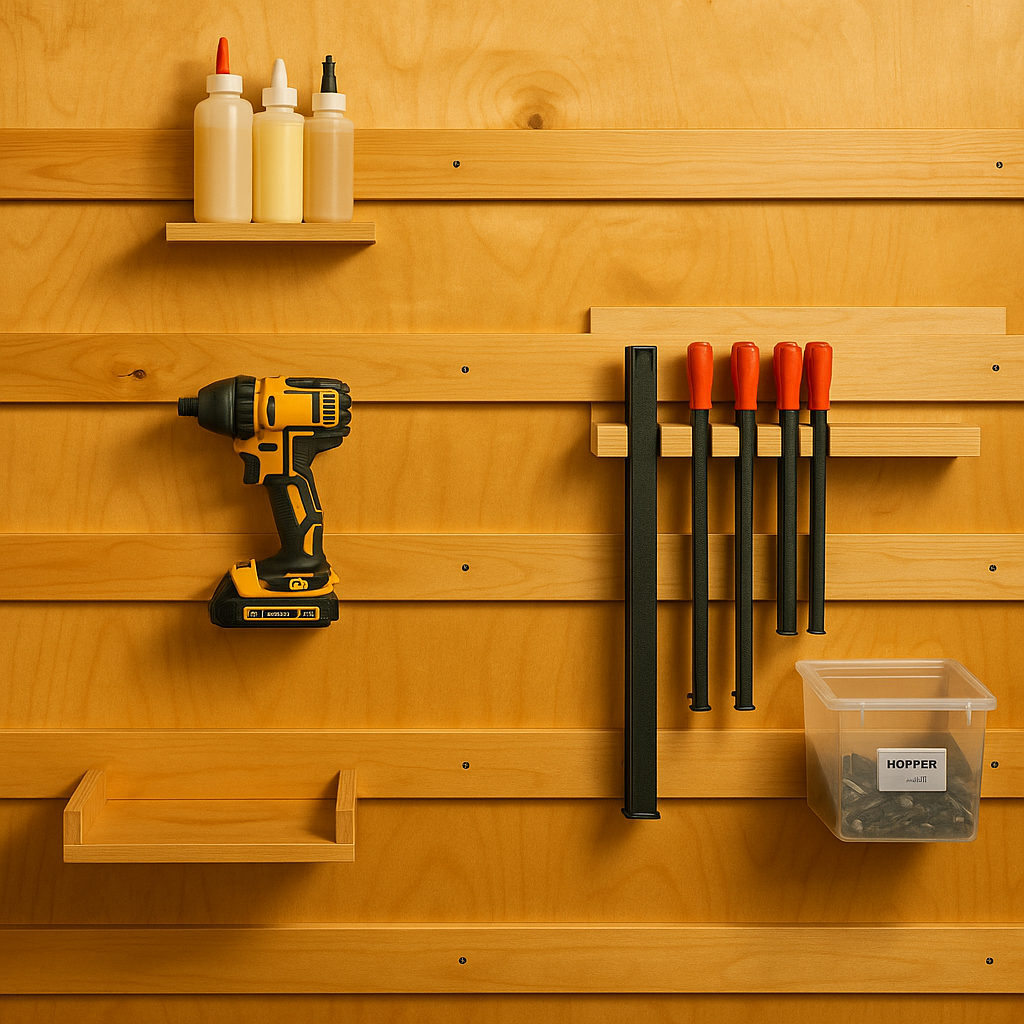 Finished French cleat wall in a home workshop, stained plywood with mounted tool holders and accessories.