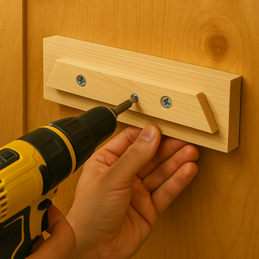 Close-up of a person using a cordless drill to attach a French cleat to the back of a wooden shelf against a plywood wall.