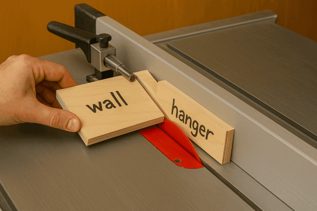 Close-up of a person cutting a French cleat from plywood using a table saw, with the two resulting pieces labeled “wall” and “hanger.”