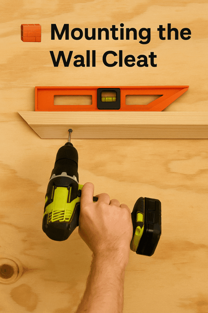 Person mounting a French cleat to a plywood wall using a cordless drill and checking alignment with an orange level.