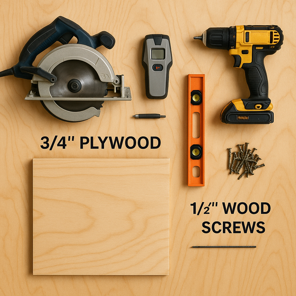 Flat lay of essential tools and materials for building a French cleat wall, including a circular saw, stud finder, spirit level, cordless drill, screws, and a piece of 3/4" plywood on a wood grain surface.