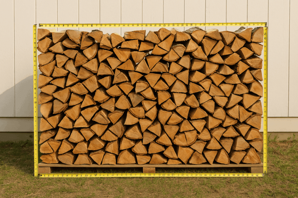 Full cord of firewood stacked 8 feet long, 4 feet high, and 4 feet deep