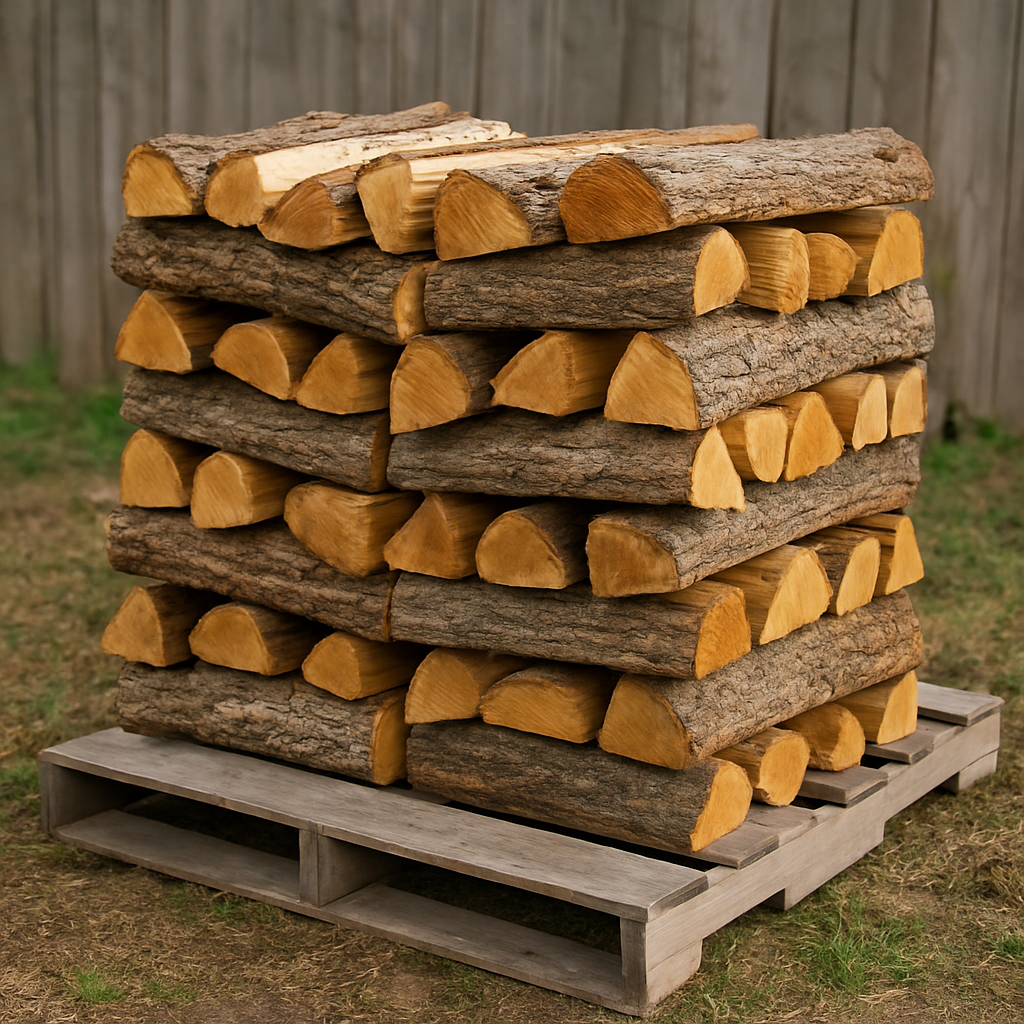 Firewood stacked on pallets with cross-stack ends for stability