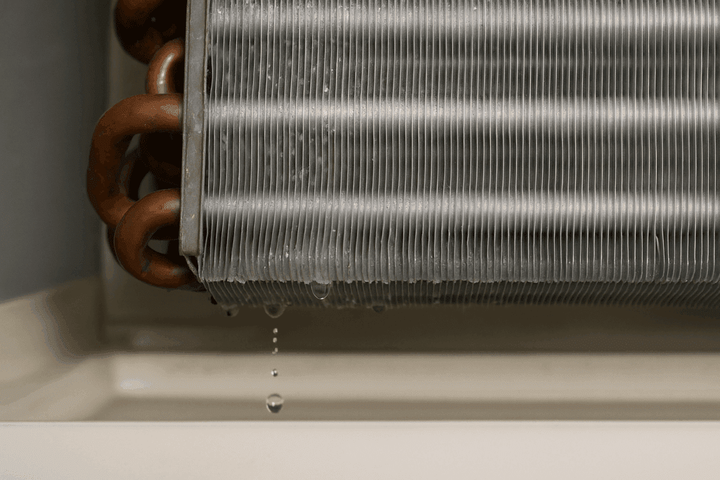 Close-up of an AC evaporator coil with condensation forming on the fins and dripping into the drain pan.