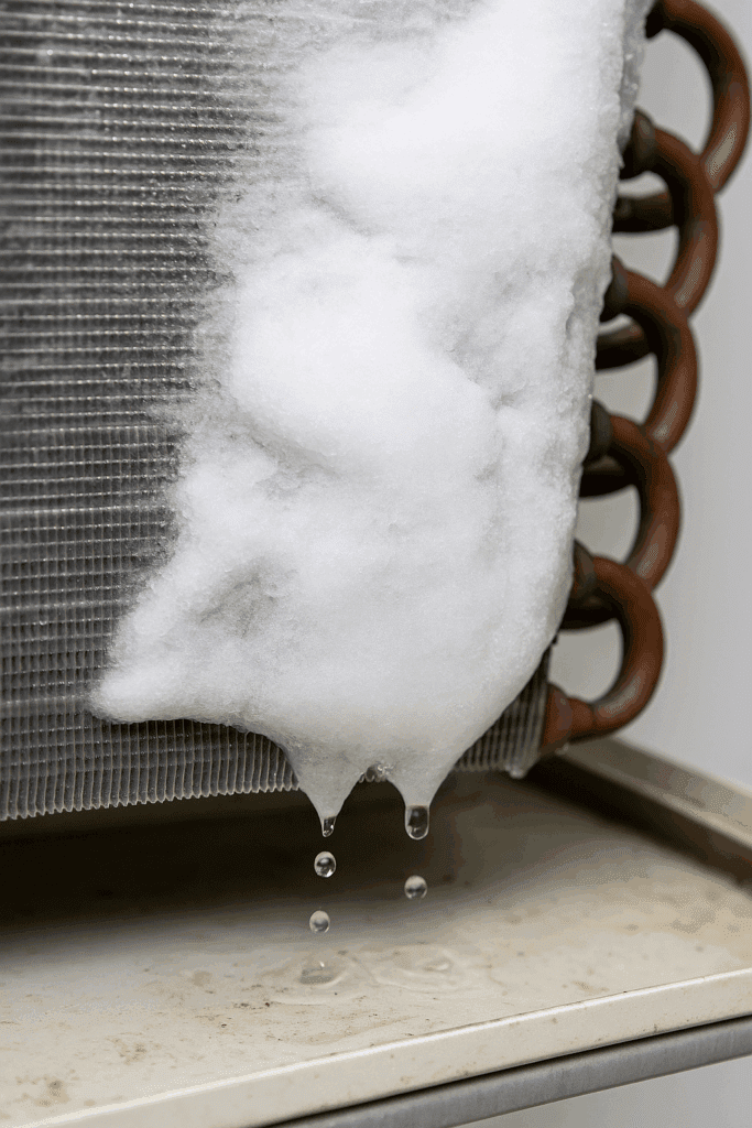 Close-up of an AC evaporator coil with water droplets forming and draining into the condensate pan.