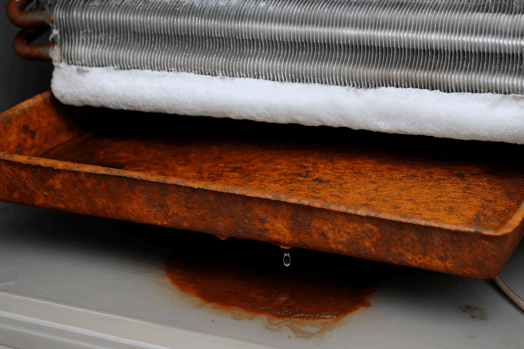 Close-up of a rusted air conditioner drip pan with a frozen evaporator coil and water dripping below