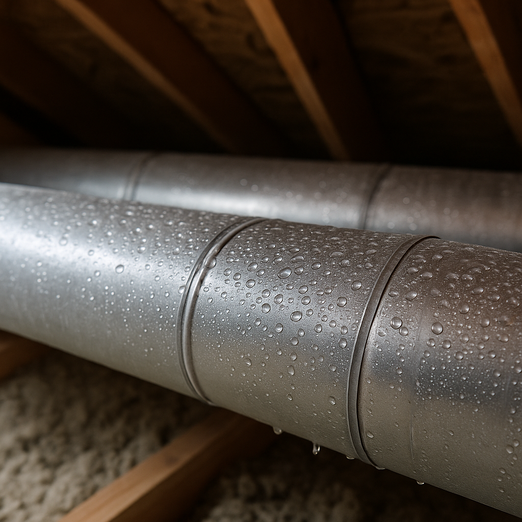 Uninsulated galvanized HVAC ducts in an attic with condensation droplets forming on the metal surface