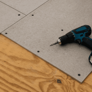 Cement backer board installed over plywood subfloor with power drill nearby