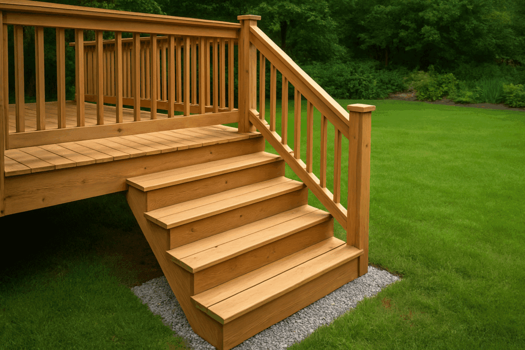 Newly built wooden deck stairs leading to backyard garden