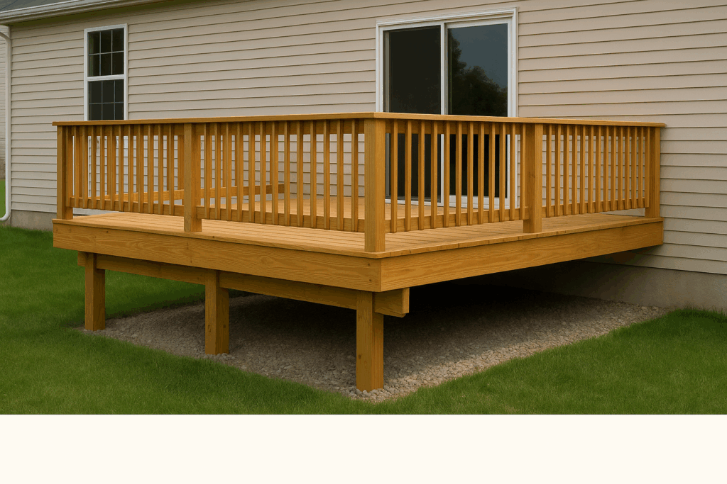 Backyard deck without stairs, showing limited access to the yard.