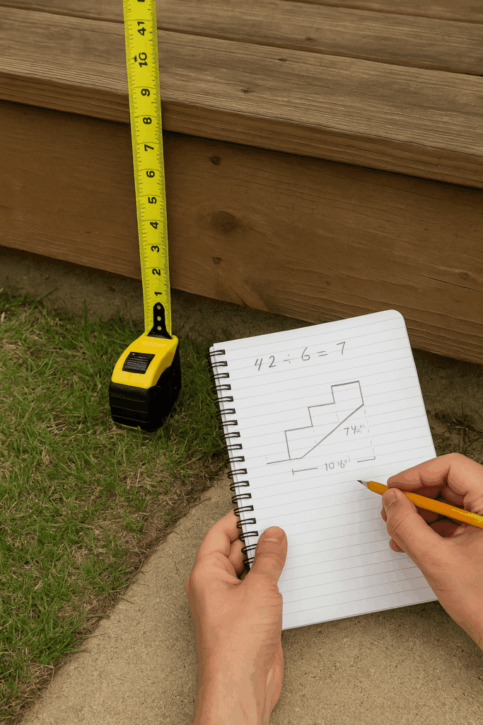 Measuring deck height with a tape measure and sketching stair plans in a notebook.