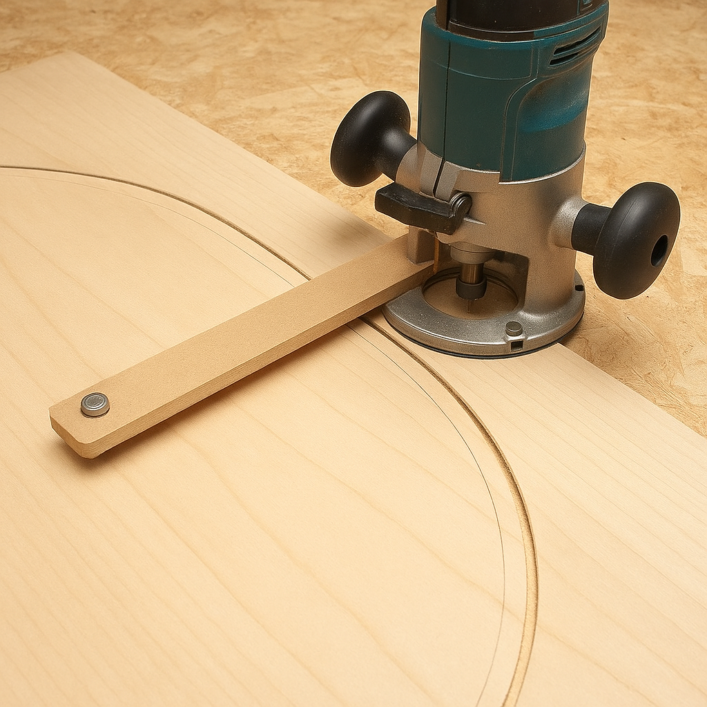Router attached to homemade trammel cutting an arch in plywood