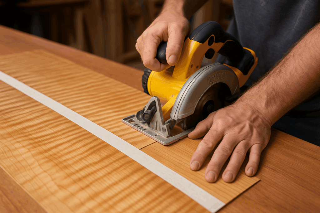 Woodworker cutting Tiger Maple veneer using a circular saw with tape applied