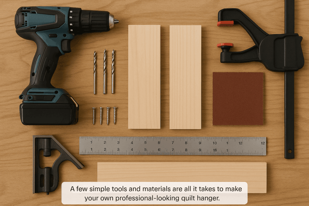 DIY woodworking tools and hardwood pieces laid out for making a quilt hanger.