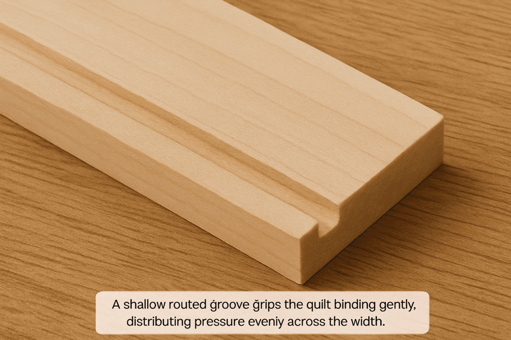 Routed groove on edge of hardwood board for quilt support.
