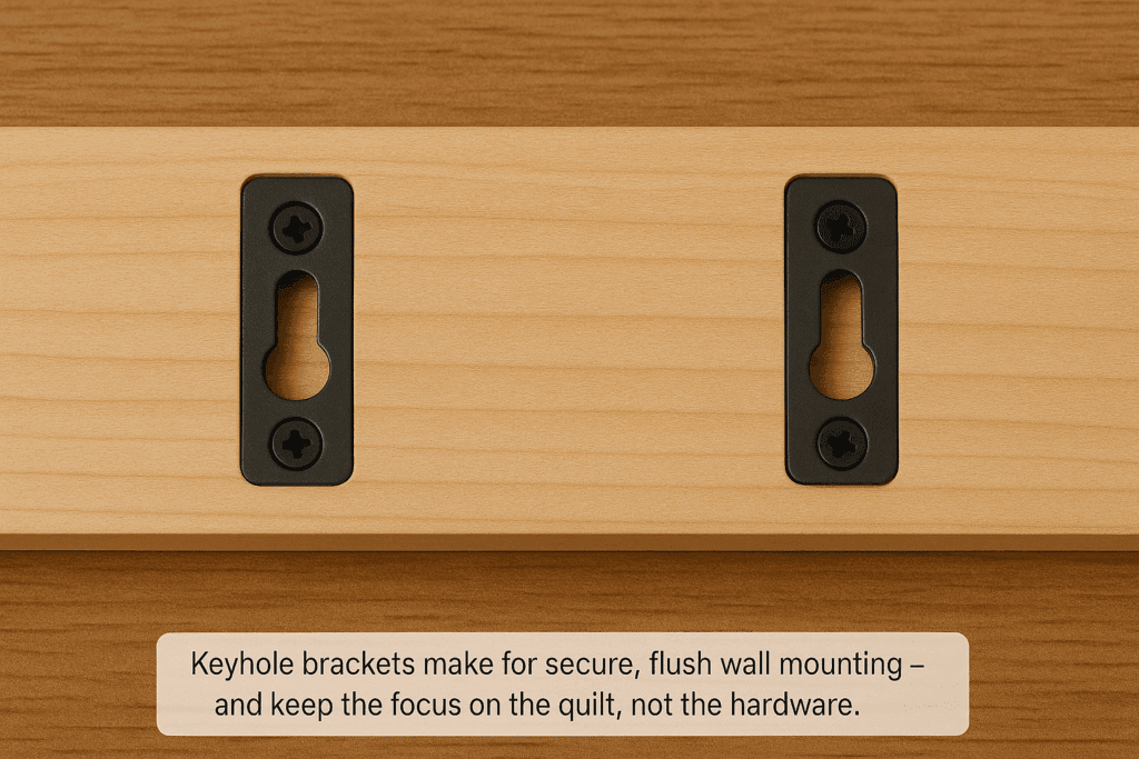 Back view of hardwood quilt hanger with keyhole brackets installed.