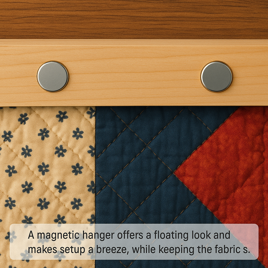 Close-up of rare earth magnets holding a quilt to a wooden hanger with a hidden steel strip