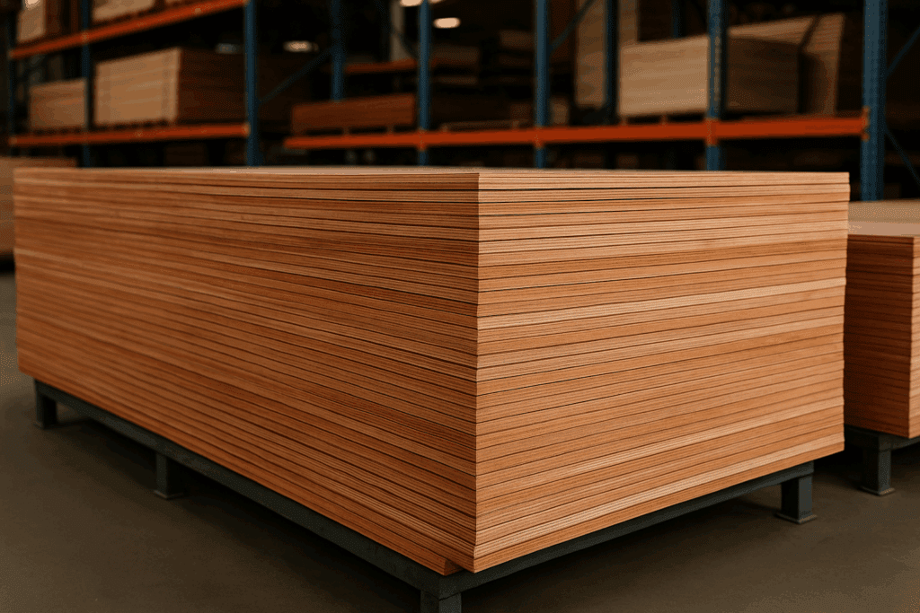 Eucalyptus plywood sheets stacked on pallets in a lumber warehouse, showing smooth surfaces and layered veneer edges.
