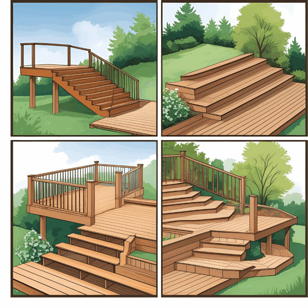  Illustration of deck stair design options including straight, L-shaped with landing, and wraparound stairs. generate image