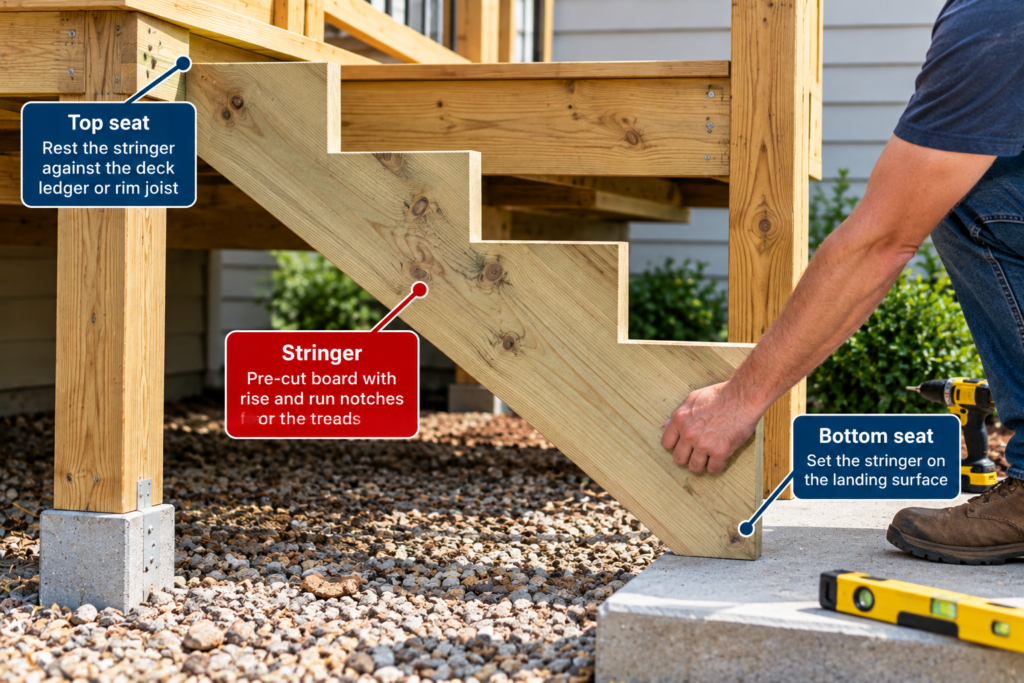 Positioning a pressure-treated deck stair stringer between the deck framing and concrete landing