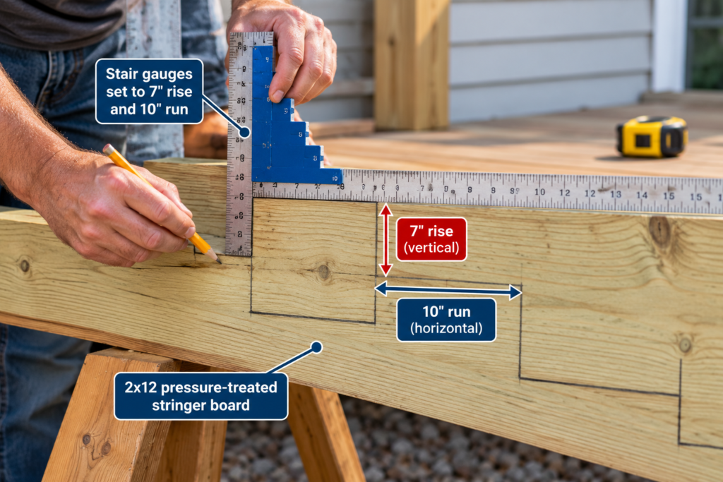 Using a framing square and stair gauges to mark a 7-inch rise and 10-inch run on a deck stair stringer