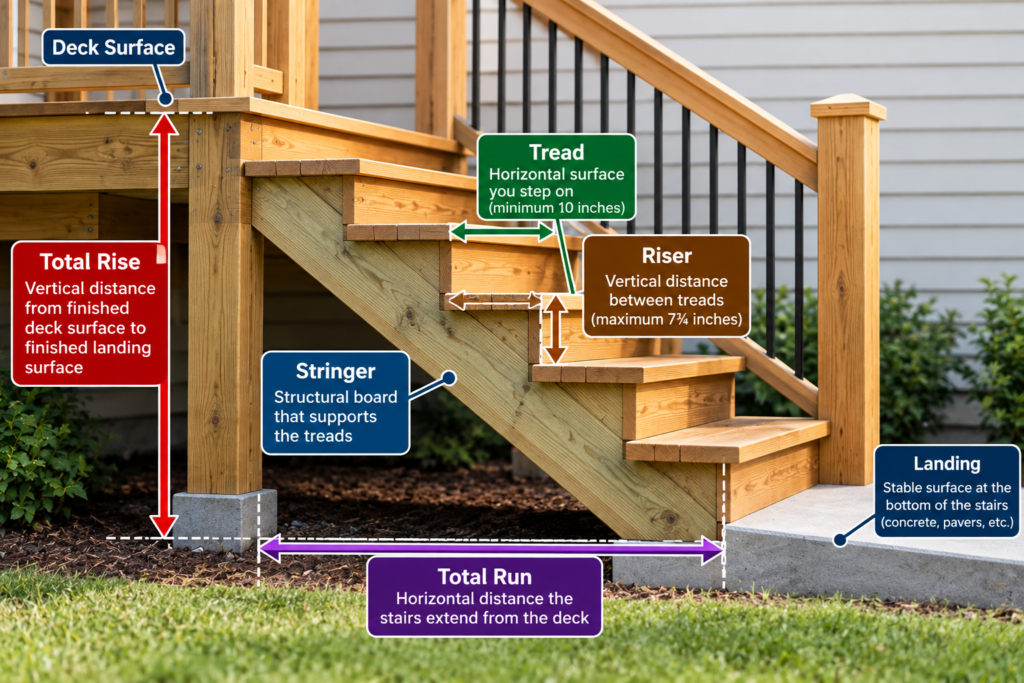 Deck stair diagram showing total rise, total run, tread, riser, stringer, and landing