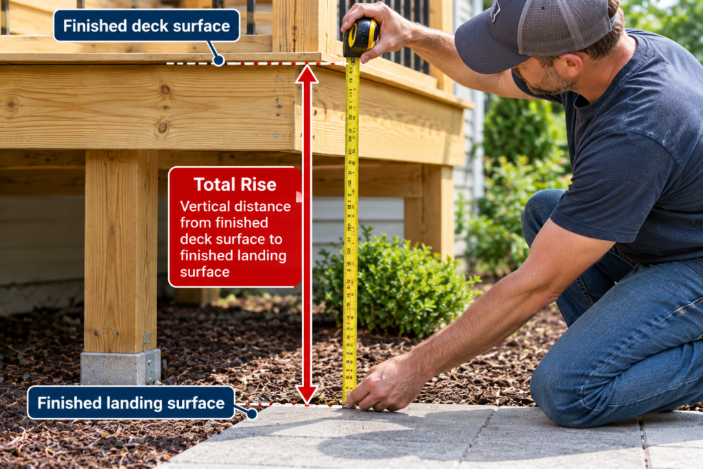 Measuring the total rise from the finished deck surface to the stair landing