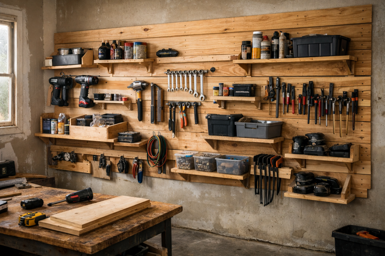 French cleat wall made from plywood organizing tools and shelves in a home workshop