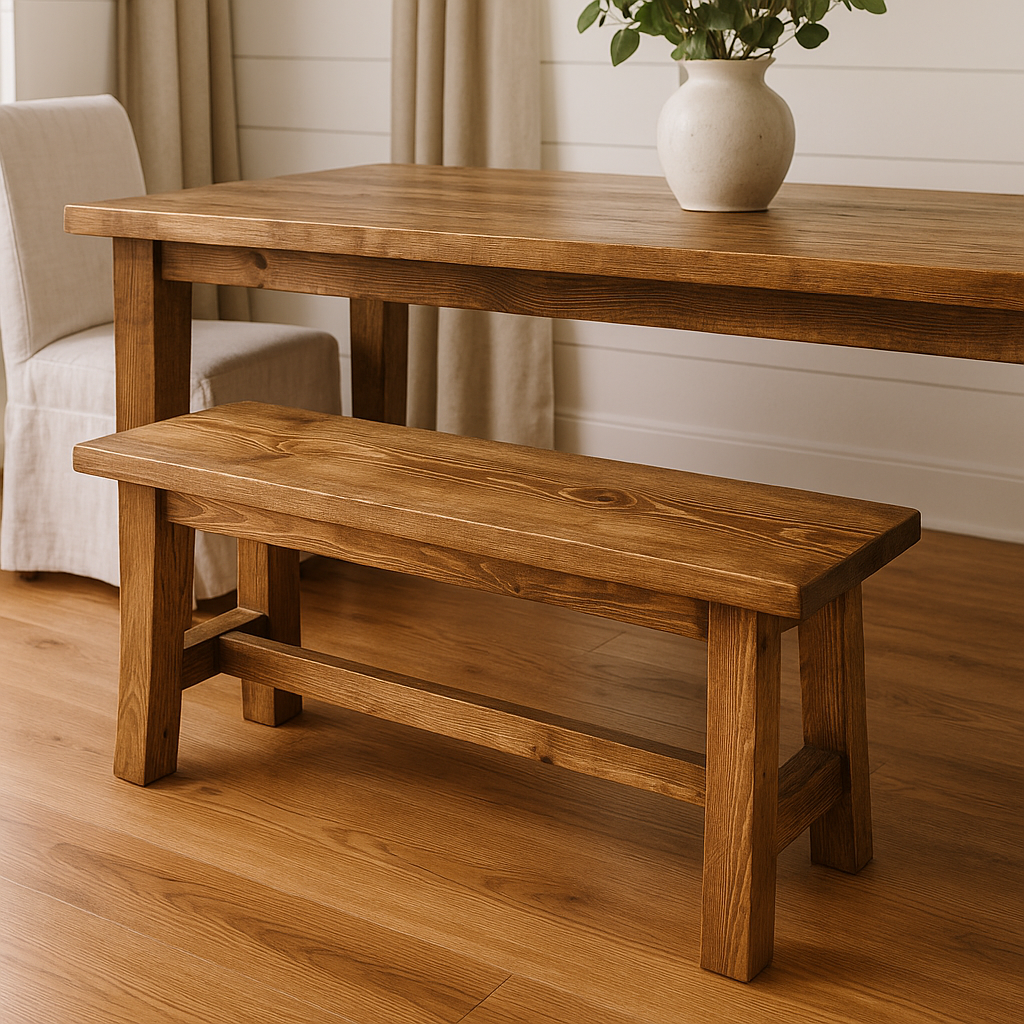 Finished rustic DIY farmhouse bench with natural wood grain in a cozy dining room.