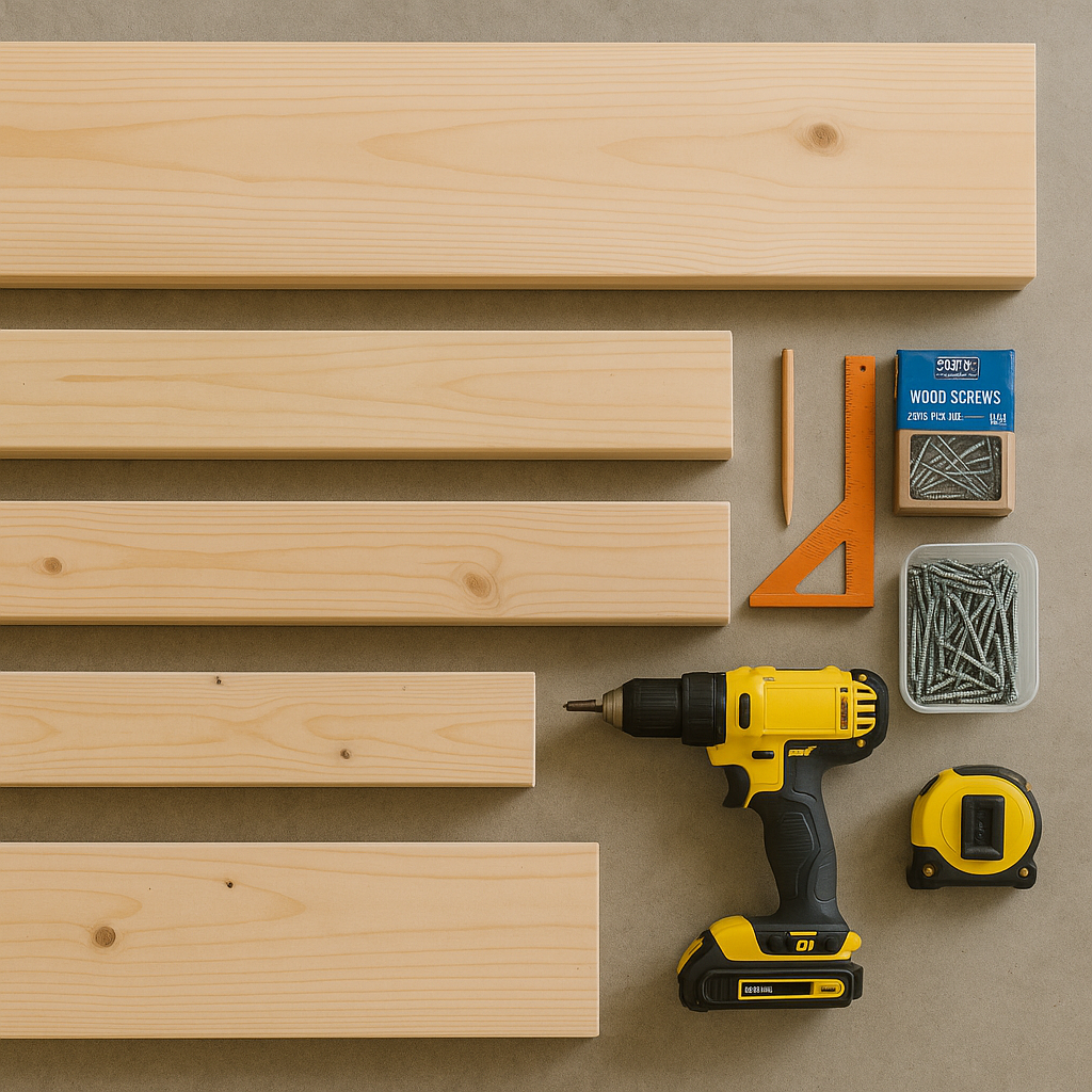 Tools and materials for building a DIY farmhouse bench, including boards, screws, drill, and tape measure.