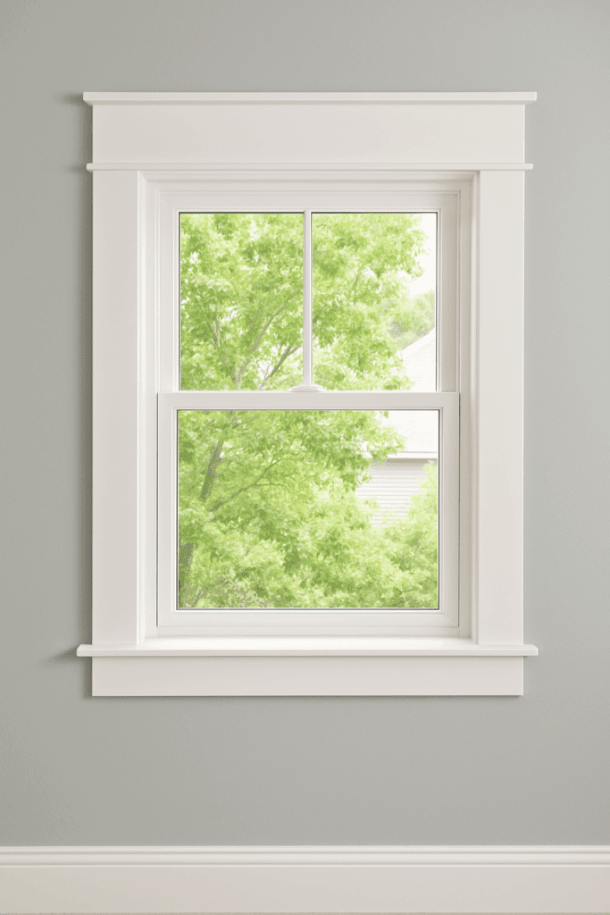 White Craftsman-style window trim on a light gray wall with a bright green tree view outside.